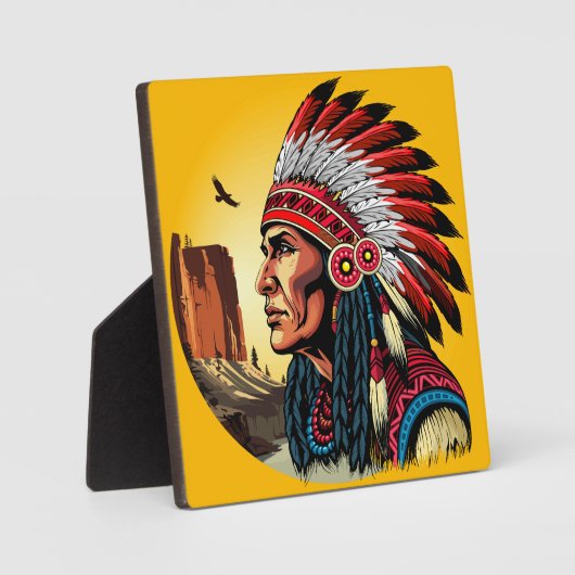 Native American Chief op wilde landschap zonsonder Fotoplaat (Voorkant)