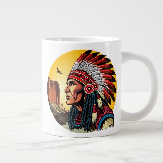 Native American Chief op wilde landschap zonsonder Grote Koffiekop (Rechts)