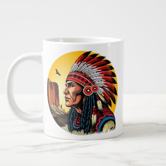 Native American Chief op wilde landschap zonsonder Grote Koffiekop (Links)