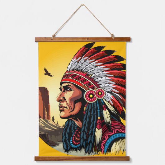 Native American Chief op wilde landschap zonsonder Hangend Wandkleed (Voorkant)
