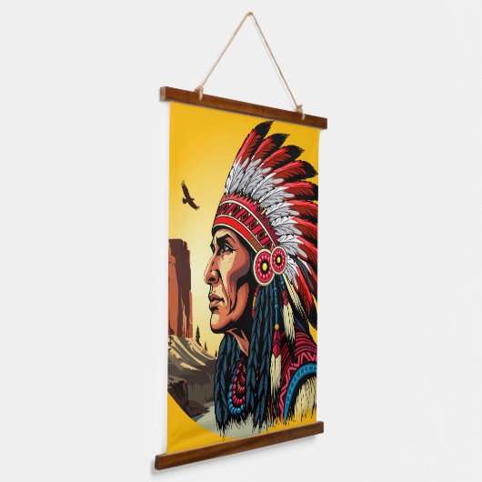Native American Chief op wilde landschap zonsonder Hangend Wandkleed (Gebogen)