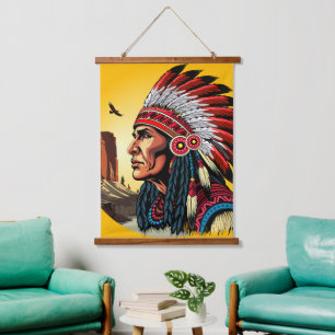 Native American Chief op wilde landschap zonsonder Hangend Wandkleed