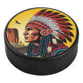 Native American Chief op wilde landschap zonsonder Hockey Puck (3/4)