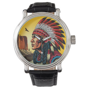 Native American Chief op wilde landschap zonsonder Horloge