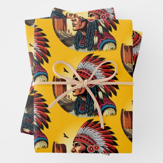 Native American Chief op wilde landschap zonsonder Inpakpapier Vel (In situ)