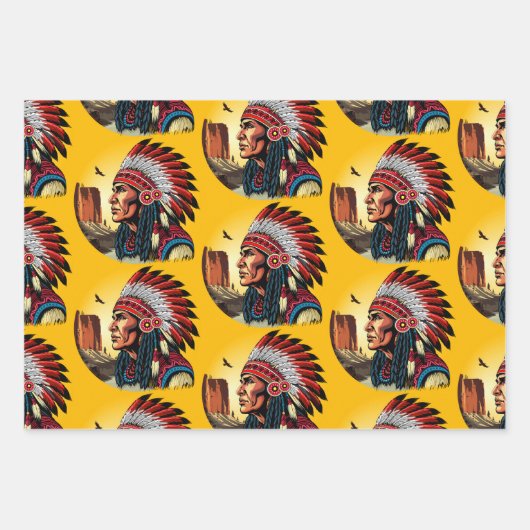 Native American Chief op wilde landschap zonsonder Inpakpapier Vel (Voorkant)
