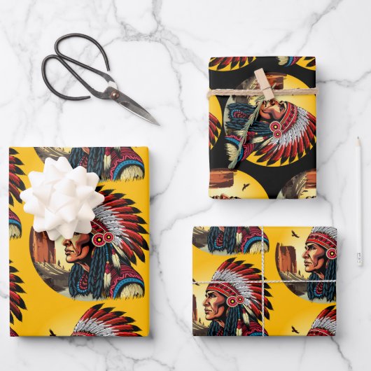 Native American Chief op wilde landschap zonsonder Inpakpapier Vel (Voorkant)