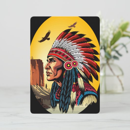 Native American Chief op wilde landschap zonsonder Kaart (Staand voorkant)