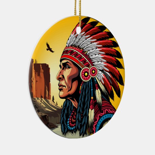 Native American Chief op wilde landschap zonsonder Keramisch Ornament (Rechts)