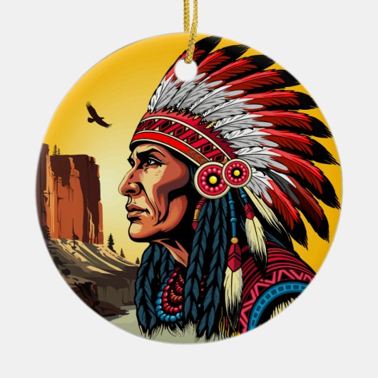 Native American Chief op wilde landschap zonsonder Keramisch Ornament (Voorkant)