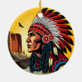 Native American Chief op wilde landschap zonsonder Keramisch Ornament (Achterkant)