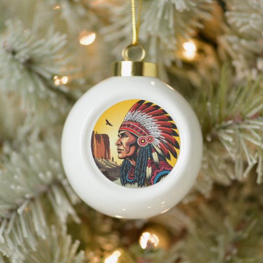 Native American Chief op wilde landschap zonsonder Keramische Bal Ornament (Boom)