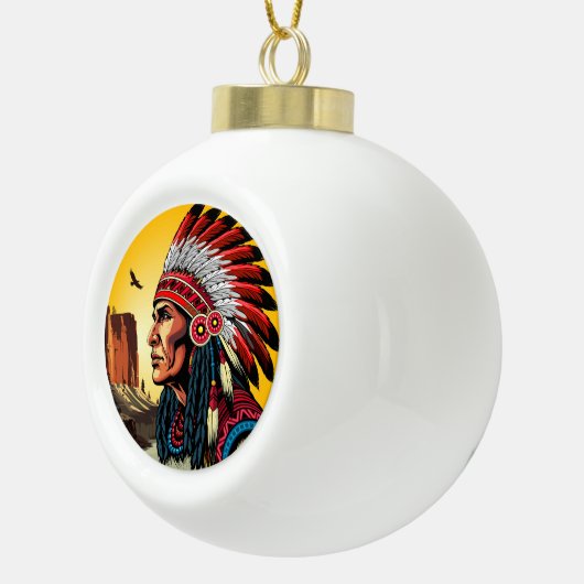 Native American Chief op wilde landschap zonsonder Keramische Bal Ornament (Rechts)