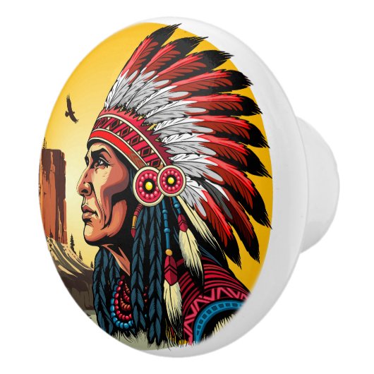 Native American Chief op wilde landschap zonsonder Keramische Knop (Rechts)