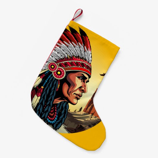 Native American Chief op wilde landschap zonsonder Kleine Kerstsok (Voorkant (Hangend))