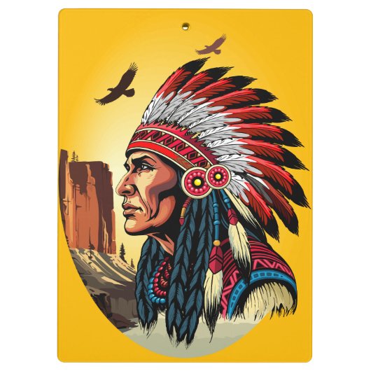 Native American Chief op wilde landschap zonsonder Klembord (Achterkant)