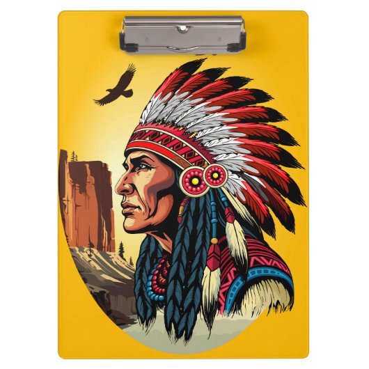 Native American Chief op wilde landschap zonsonder Klembord (Voorkant)