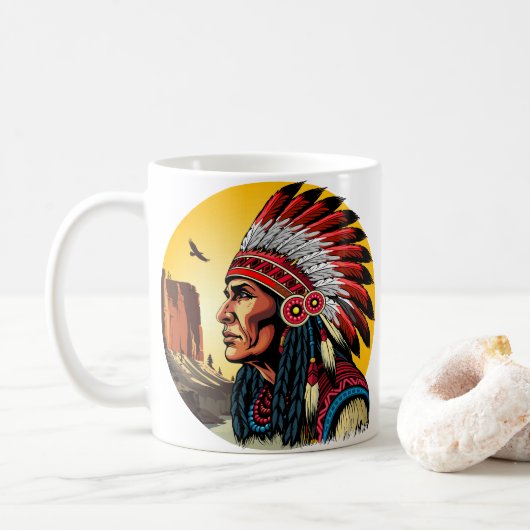 Native American Chief op wilde landschap zonsonder Koffiemok (Met donut)