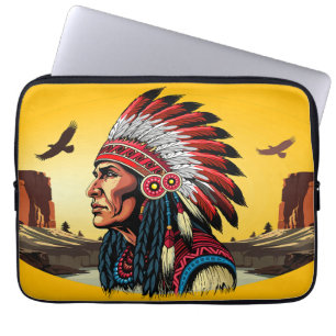 Native American Chief op wilde landschap zonsonder Laptop Sleeve