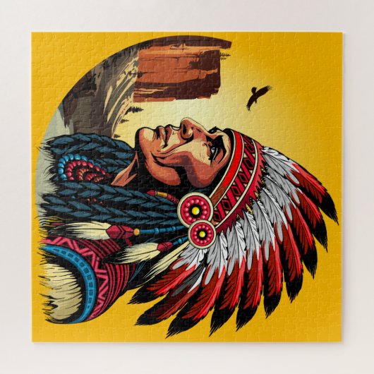 Native American Chief op wilde landschap zonsonder Legpuzzel (Horizontaal)