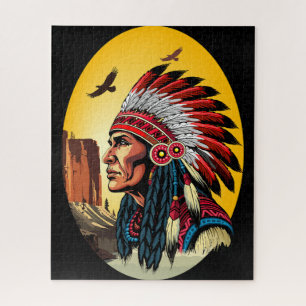 Native American Chief op wilde landschap zonsonder Legpuzzel