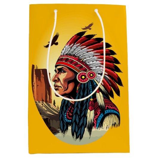 Native American Chief op wilde landschap zonsonder Medium Cadeauzakje (Voorkant)