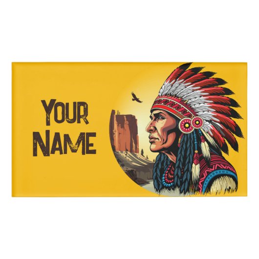 Native American Chief op wilde landschap zonsonder Naambadge (Voorkant)