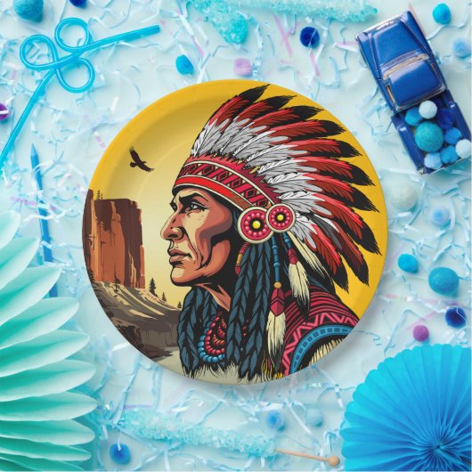 Native American Chief op wilde landschap zonsonder Papieren Bordje (Feest)
