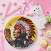 Native American Chief op wilde landschap zonsonder Papieren Bordje (Feest)