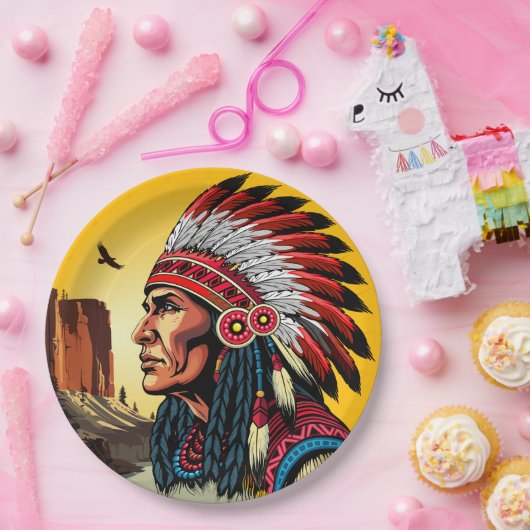 Native American Chief op wilde landschap zonsonder Papieren Bordje (Feest)