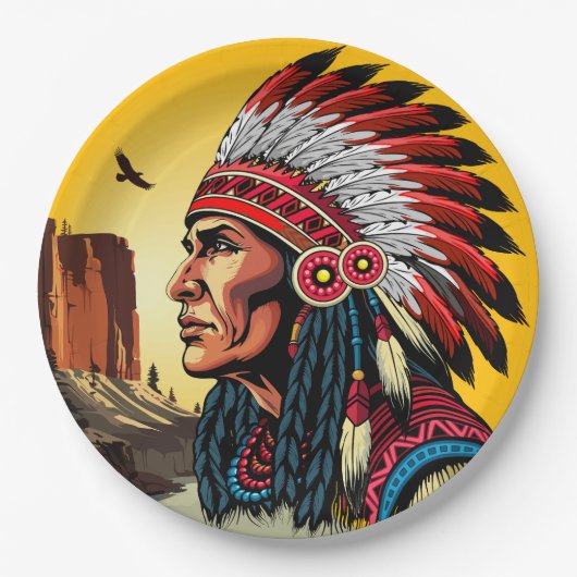 Native American Chief op wilde landschap zonsonder Papieren Bordje (Voorkant)