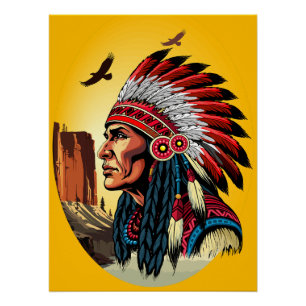Native American Chief op wilde landschap zonsonder Perfect Poster