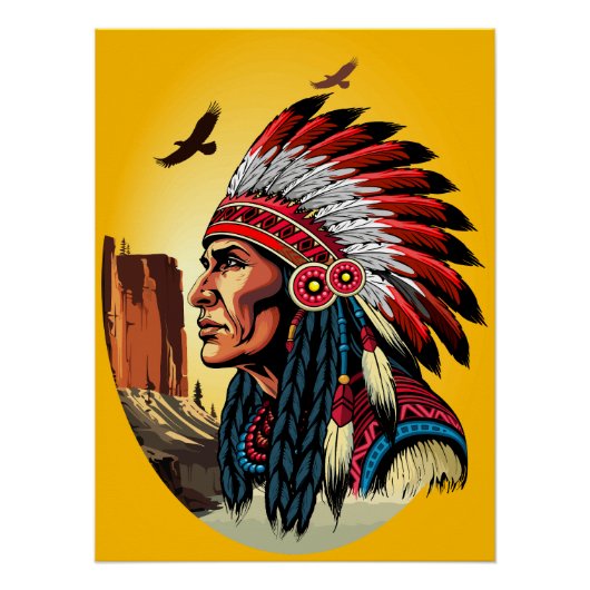 Native American Chief op wilde landschap zonsonder Perfect Poster (Voorkant)