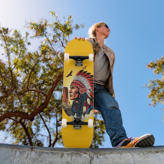 Native American Chief op wilde landschap zonsonder Persoonlijk Skateboard (Buiten 1)