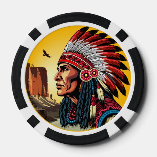Native American Chief op wilde landschap zonsonder Poker Chips (Achterkant)
