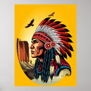 Native American Chief op wilde landschap zonsonder Poster