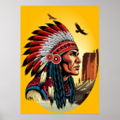 Native American Chief op wilde landschap zonsonder Poster (Voorkant)