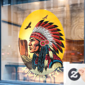 Native American Chief op wilde landschap zonsonder Raamsticker (Cafe Raam)
