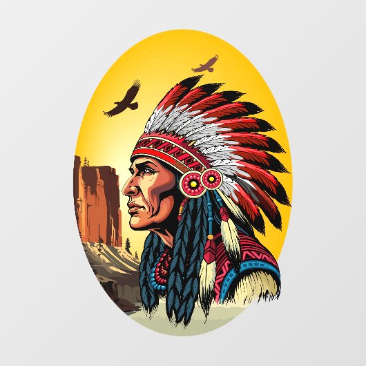 Native American Chief op wilde landschap zonsonder Raamsticker (Vel)