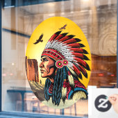 Native American Chief op wilde landschap zonsonder Raamsticker (Cafe Raam)