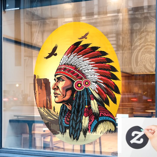 Native American Chief op wilde landschap zonsonder Raamsticker (Cafe Raam)