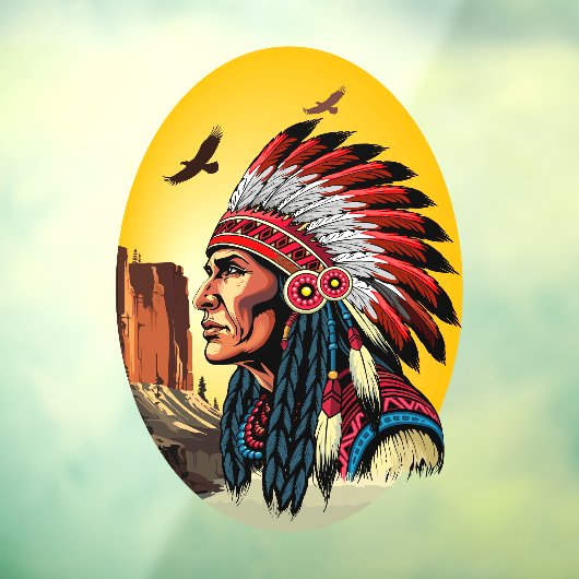 Native American Chief op wilde landschap zonsonder Raamsticker (Vel 3)