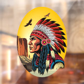 Native American Chief op wilde landschap zonsonder Raamsticker (Vel 2)