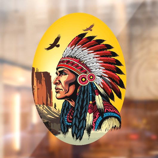 Native American Chief op wilde landschap zonsonder Raamsticker (Vel 2)