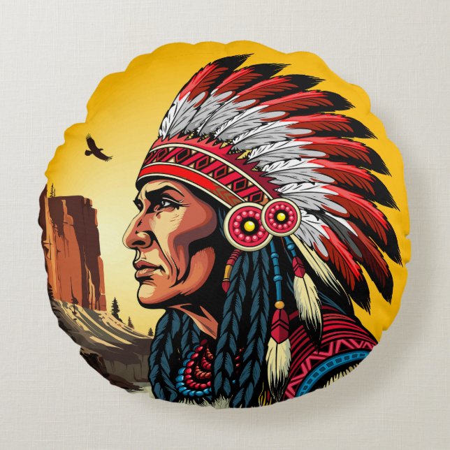 Native American Chief op wilde landschap zonsonder Rond Kussen (Voorkant)