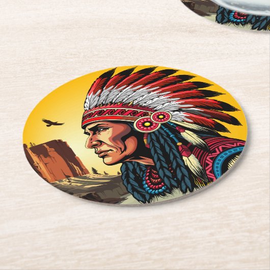 Native American Chief op wilde landschap zonsonder Ronde Kartonnen Onderzetter (Gebogen)