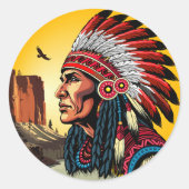 Native American Chief op wilde landschap zonsonder Ronde Sticker (Voorkant)