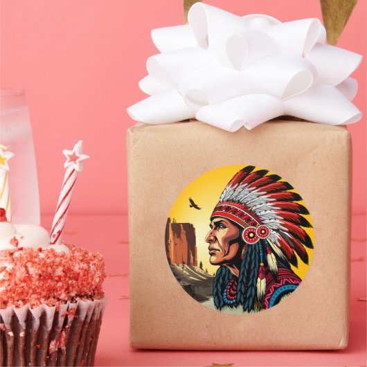 Native American Chief op wilde landschap zonsonder Ronde Sticker (Feest)