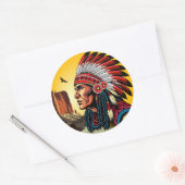 Native American Chief op wilde landschap zonsonder Ronde Sticker (Envelop)