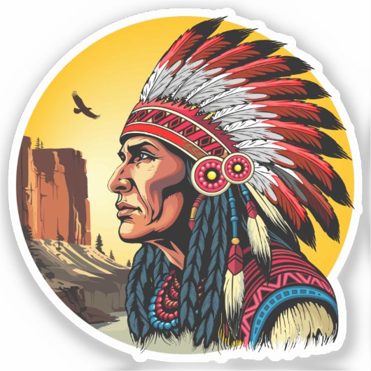Native American Chief op wilde landschap zonsonder Sticker (Voorkant)
